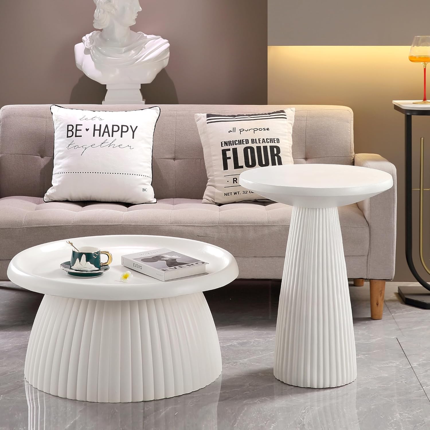 White Fluted Pedestal Side Table Modern Accent Table for Living Room Patio & Entryway Indoor Outdoor Weather Resistant End Table