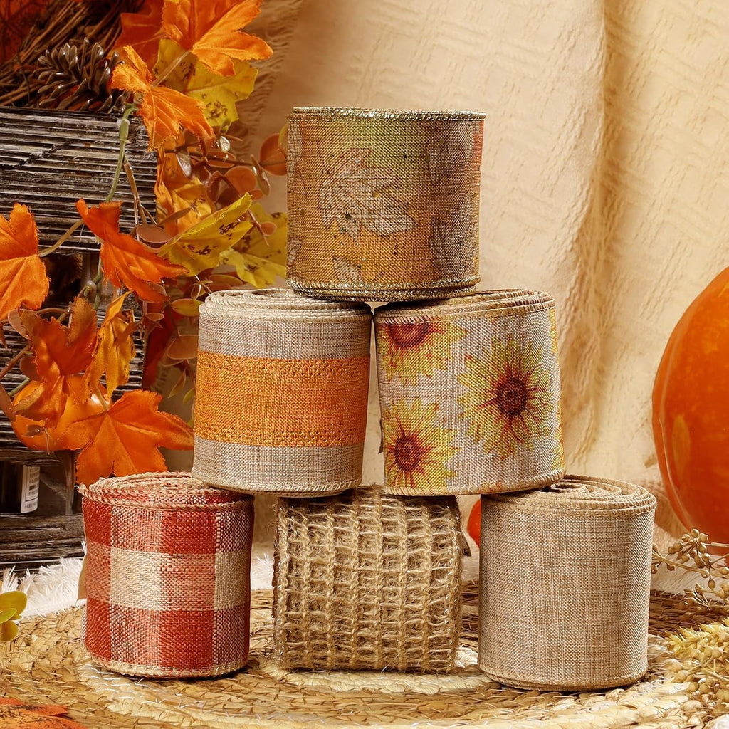 LaRibbons Fall Ribbon Wired 2.5" x 6 Yards Each Roll, Sunflower, Harvest Leaves, Plaid & Deco Mesh Faux Linen Ribbon for Wreaths, Farmhouse Decor, Autumn Crafts