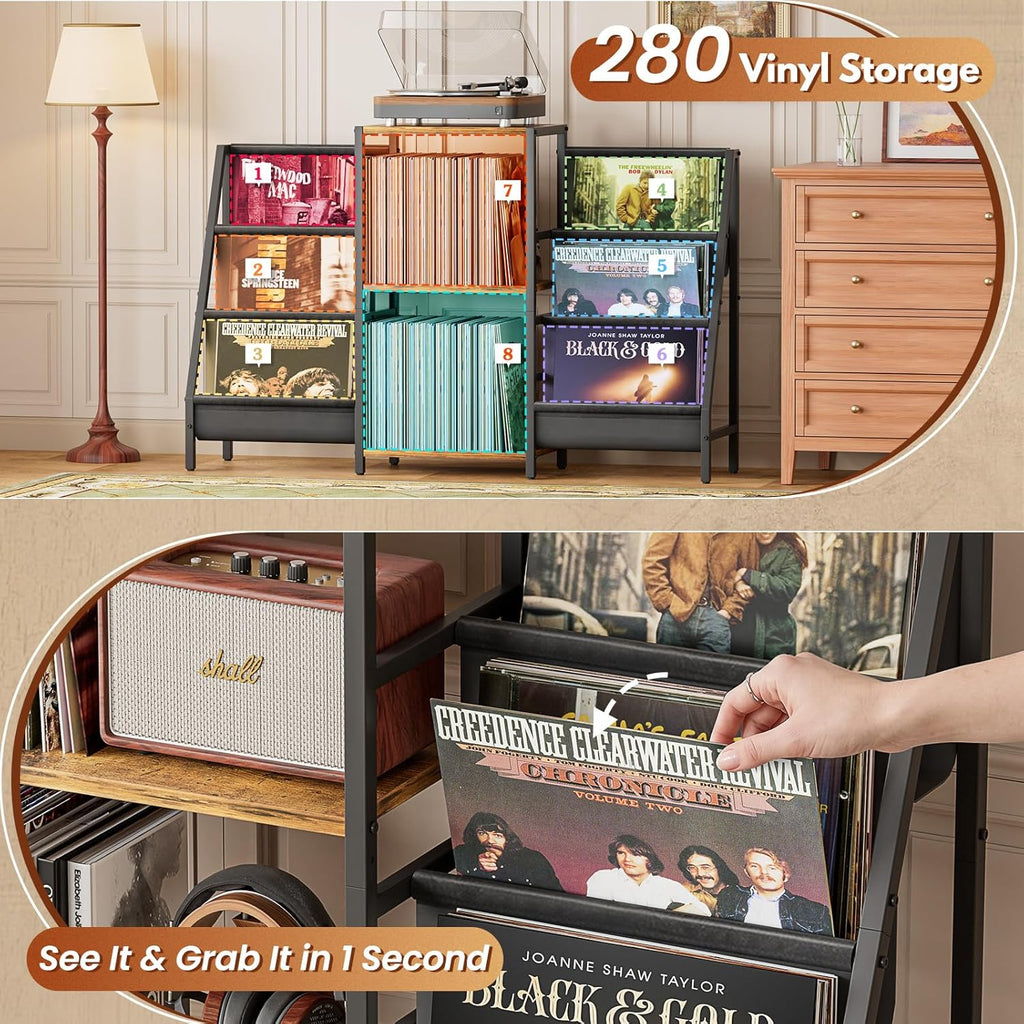 Record Player Stand with Vinyl Storage, Record Player Table with Vinyl Record Storage Up to 280 Albums, Turnta ble Stand with Record Holder Display Shelf, Record Cabinet for Media Stereo Audio