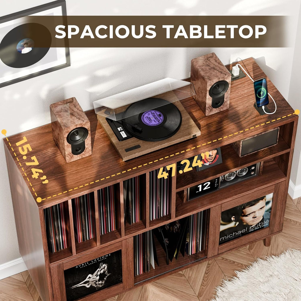 XL Record Player Stand with Sliding Doors, 500+ Vinyl Record Storage Cabinet with Charging Station & USB Ports, Mid Century Modern Record Player Table,Turntable Stand with Wood Legs for Living Room