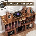 XL Record Player Stand with Sliding Doors, 500+ Vinyl Record Storage Cabinet with Charging Station & USB Ports, Mid Century Modern Record Player Table,Turntable Stand with Wood Legs for Living Room