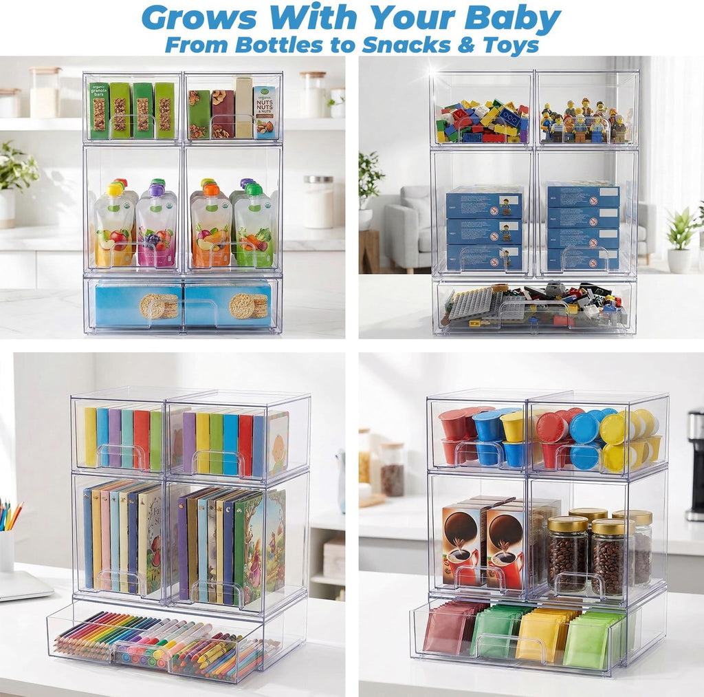 Baby Bottle Organizer, 5 Pack Stackable Storage Dust-proof Drawers, Clear Plastic Bottle Station Organizer for Countertop & Cabinet, Pacifier and Medicine Container for Nursery