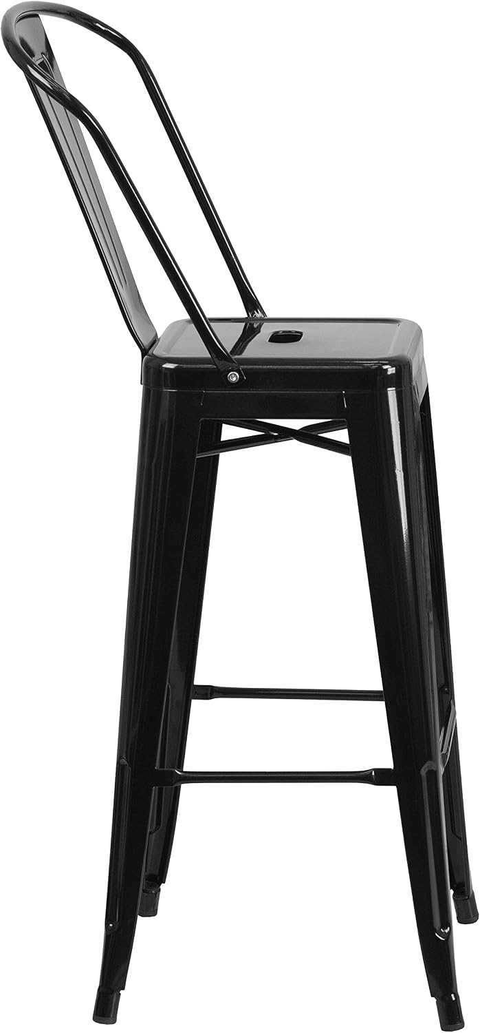 EMMA + OLIVER Commercial Grade 30" H Black Metal Indoor-Outdoor Barstool with Back