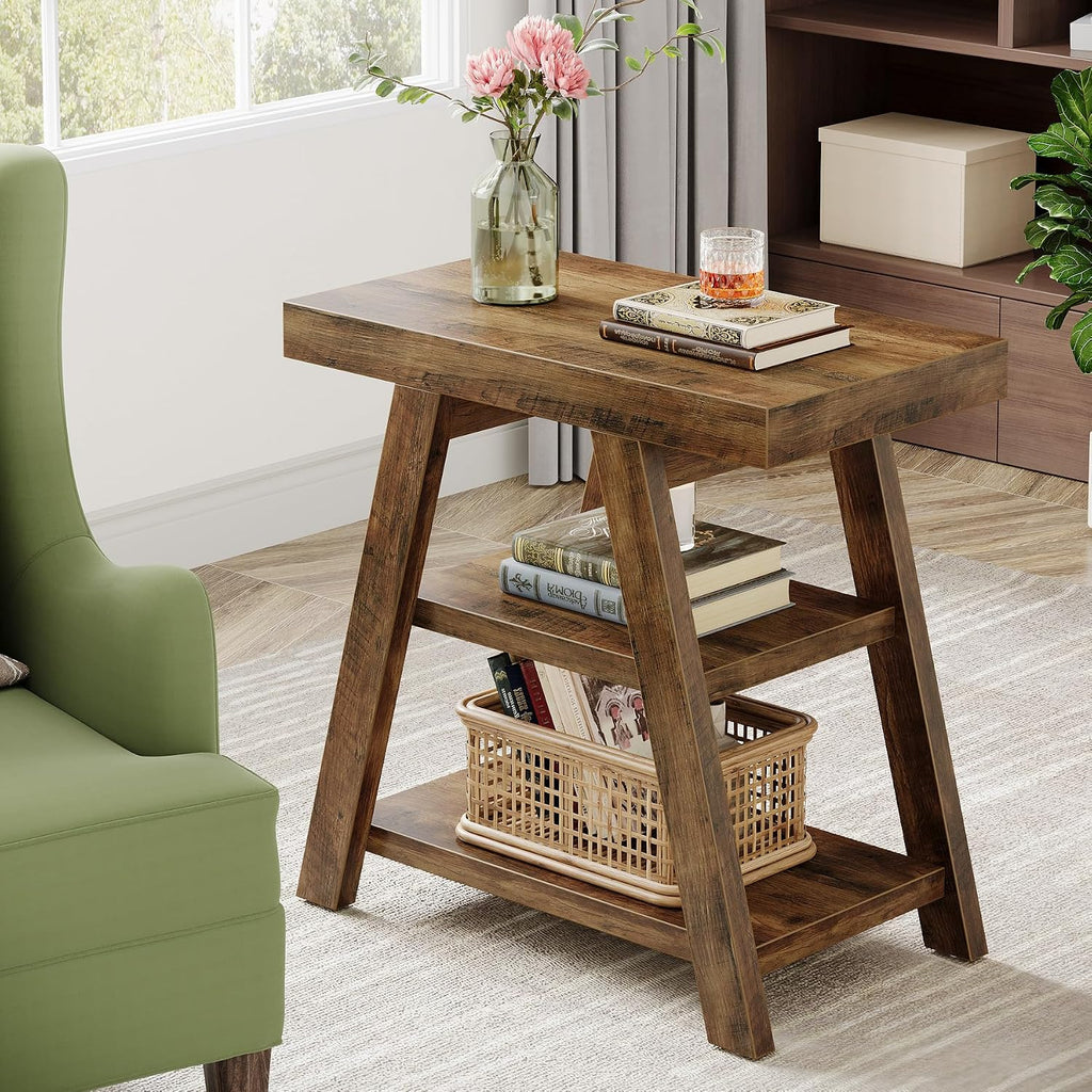 Tribesigns Farmhouse End Table, 3-Tier Wooden Sofa Side Table with Trapezoid Legs, Rustic Side Table for Couch, Vintage Bedside Nightstand for Bedroom, Living Room, Small Spaces, Rustic Brown