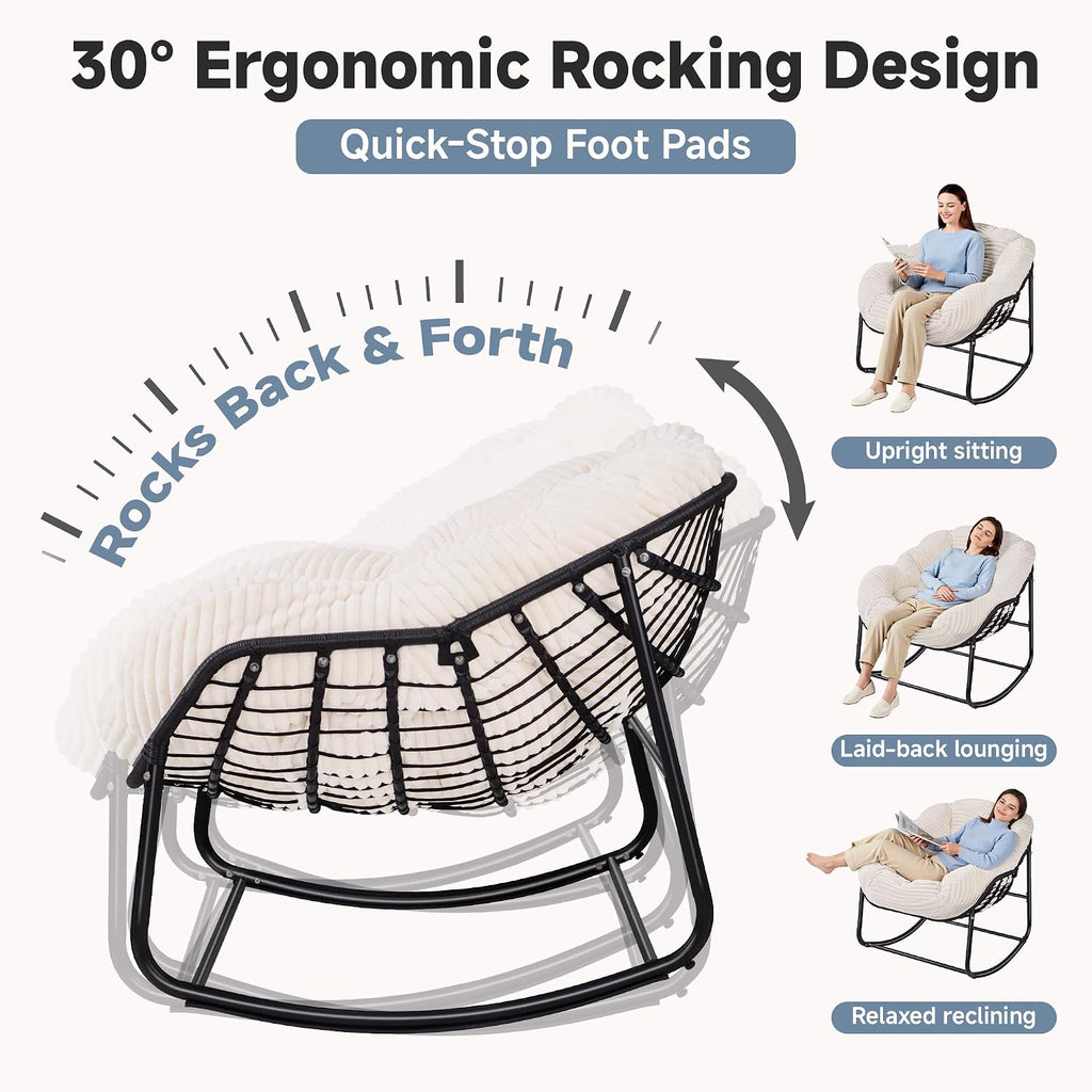 Indoor Rocking Chair, Oversized Outdoor Lounge Chair with Thick Corduroy Cushion & Straps, Wicker Modern Comfy Rocker Egg Chair for Living Room, Bedroom, Porch and Courtyard, Beige