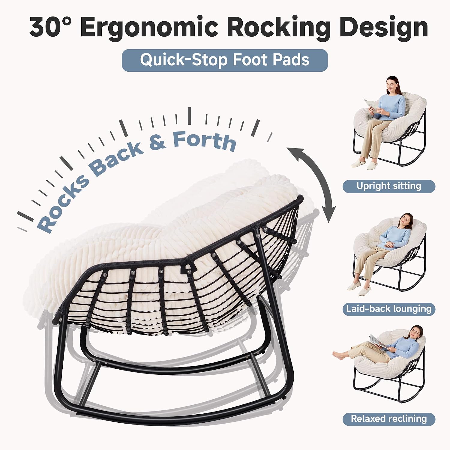 Indoor Rocking Chair, Oversized Outdoor Lounge Chair with Thick Corduroy Cushion & Straps, Wicker Modern Comfy Rocker Egg Chair for Living Room, Bedroom, Porch and Courtyard, Beige