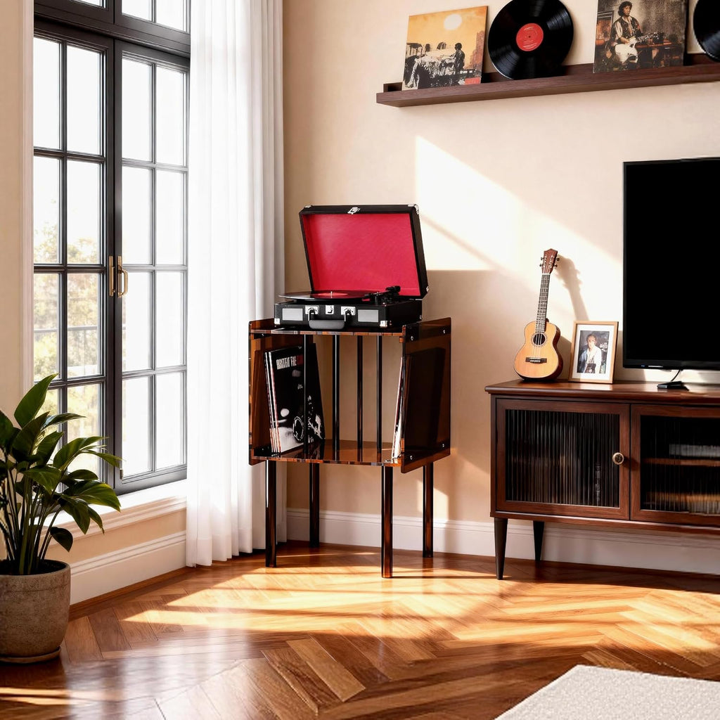 Acrylic Record Player Stand, with Vinyl Storage, Clear Acrylic Side Table, 18.1'' x 14.6'' x 26.1'' (Dark Brown)