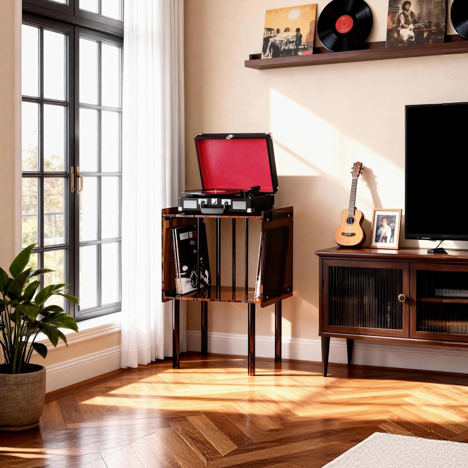 Acrylic Record Player Stand, with Vinyl Storage, Clear Acrylic Side Table, 18.1'' x 14.6'' x 26.1'' (Dark Brown)