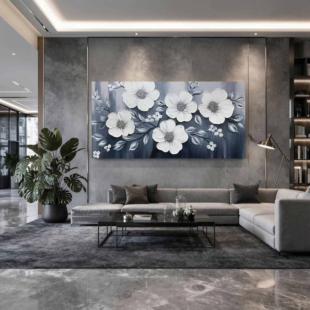 JuhaiArt Flower Wall Art White Wall Decorations Gray Picture Art Large 3D Floral Hand Painted for Bedroom Living Room Office 29" x 59"