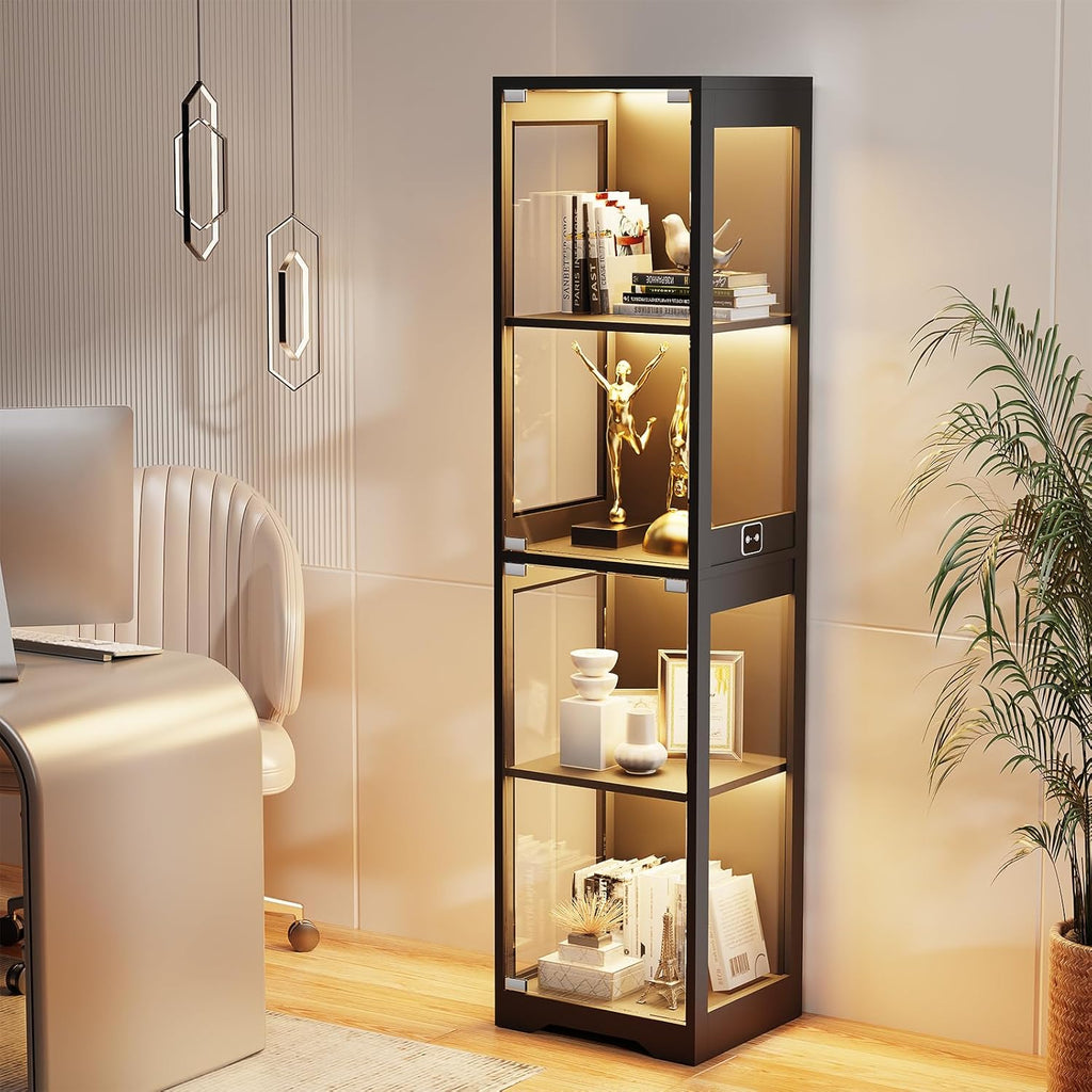 Glass Display Cabinet 4-Tier Curio Cabinet with 3-Color LED Lights, Human Body Sensor, Glass Door, Storage Bookcase for Collectibles, Black