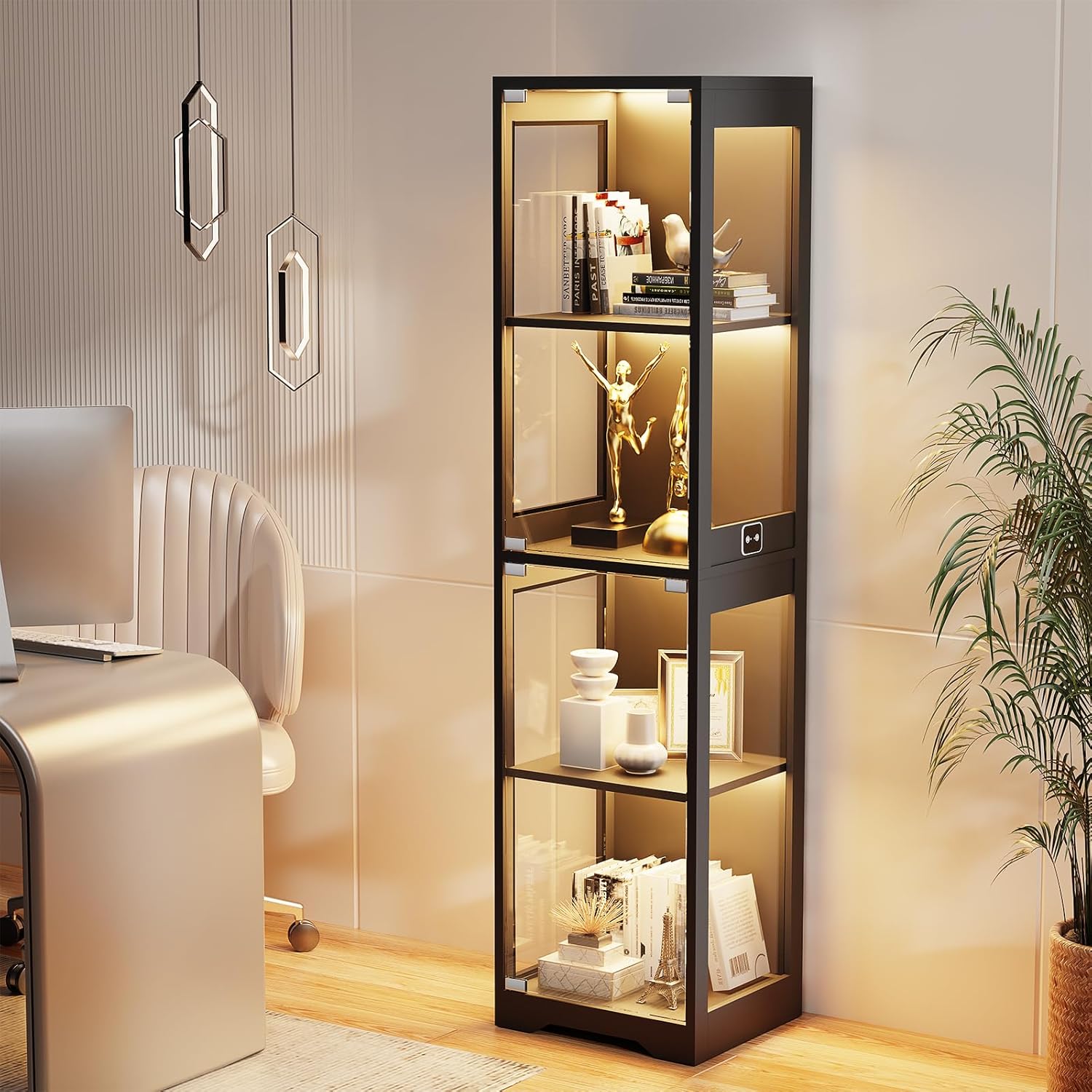 Glass Display Cabinet 4-Tier Curio Cabinet with 3-Color LED Lights, Human Body Sensor, Glass Door, Storage Bookcase for Collectibles, Black