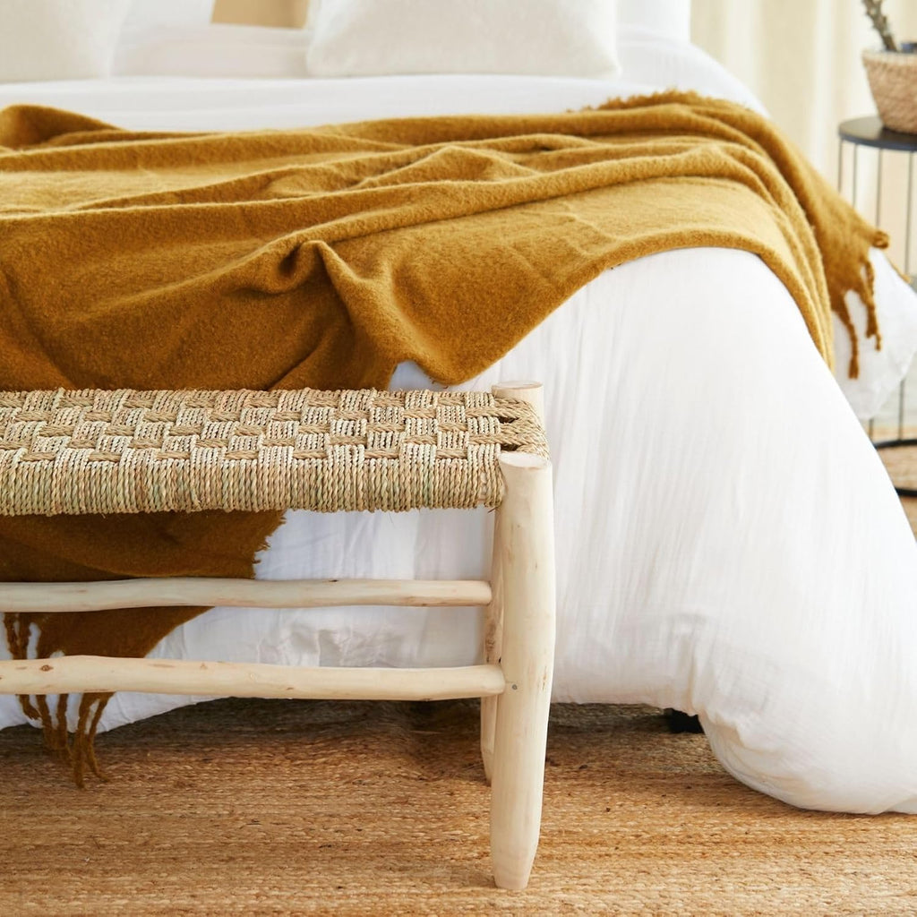 Home Maison Plaited Checked Bench 100 cm Raw Laurel Wood and Doum Palm Fibre, Natural, 100 x 35 x 35 cm