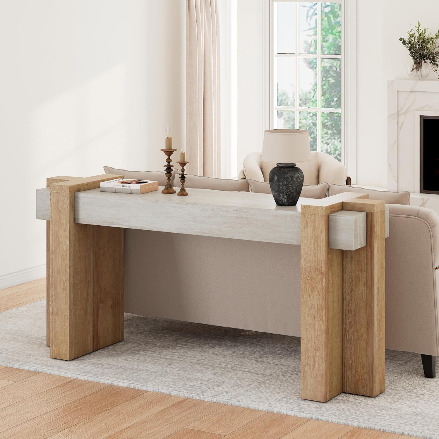 S.E.C.D 70.9-Inch Modern Console Table, Geometric Minimalism Entryway Sofa Table, Long Wood Foyer Tables for Entryway, Hallway, Living Room, Limestone and Natural Oak