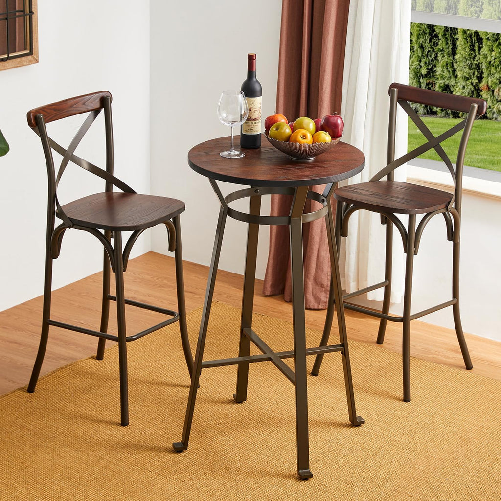 Glitzhome Round Bar Table, 41.25" H Wood Bistro Pub Table with Metal X-Leg Footrest, Rustic Kitchen Island Table for Dining Coffee Cocktail Living Room Small Space