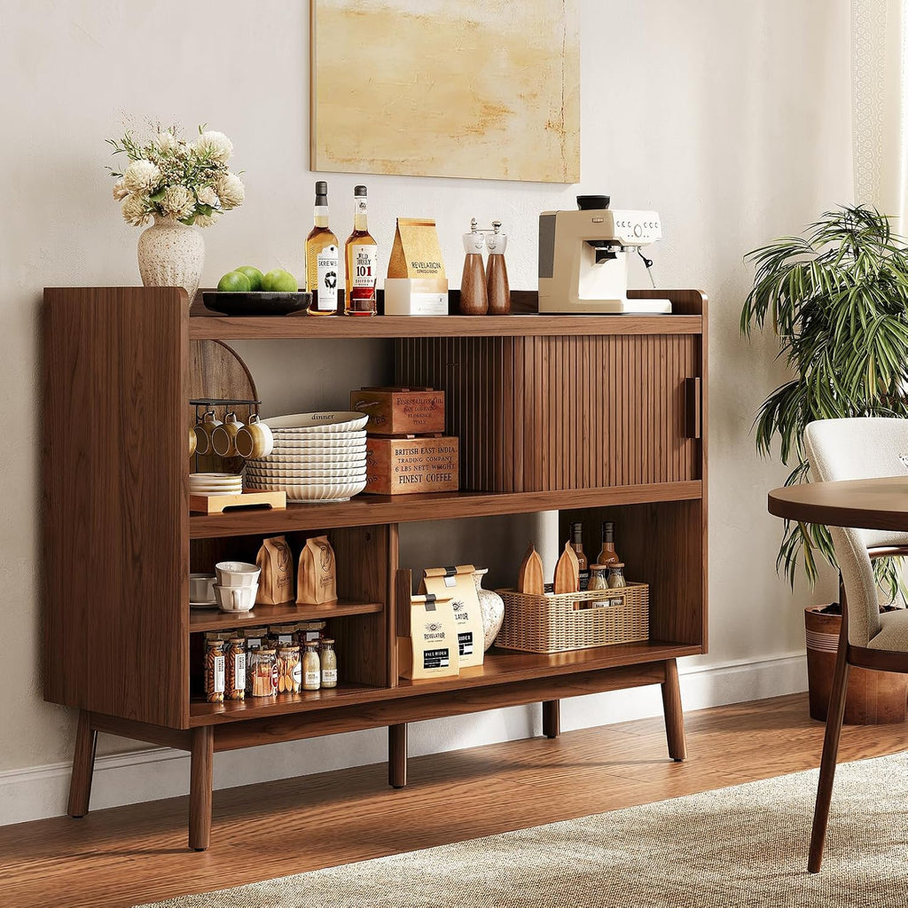 ONBRILL 51.2" Sideboard Buffet Cabinet with Outlet & 2Open Storage Spaces, Fluted Sideboard Cabinet with Sliding Door & Adjustable Shelves, Mid-Century Accent Coffee Bar Console Table with Wooden Feet