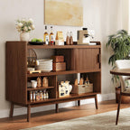 ONBRILL 51.2" Sideboard Buffet Cabinet with Outlet & 2Open Storage Spaces, Fluted Sideboard Cabinet with Sliding Door & Adjustable Shelves, Mid-Century Accent Coffee Bar Console Table with Wooden Feet
