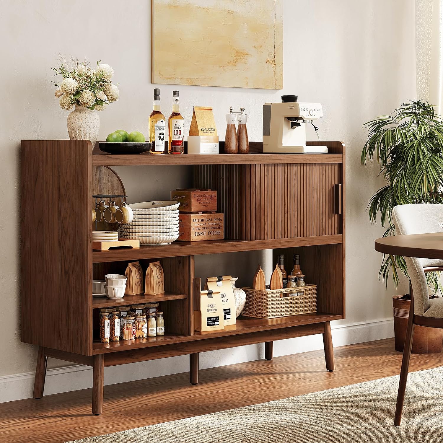 ONBRILL 51.2" Sideboard Buffet Cabinet with Outlet & 2Open Storage Spaces, Fluted Sideboard Cabinet with Sliding Door & Adjustable Shelves, Mid-Century Accent Coffee Bar Console Table with Wooden Feet