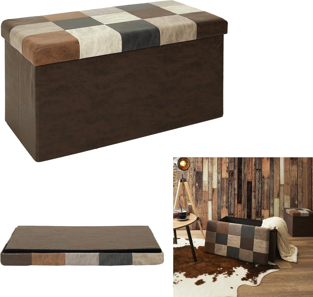 HOME DECO FACTORY, HD7666, Patchwork PU M2, Bistro Indus Furniture, Folding Chest and Bench, 76x38x38cm, Seat Height 38cm, Brown