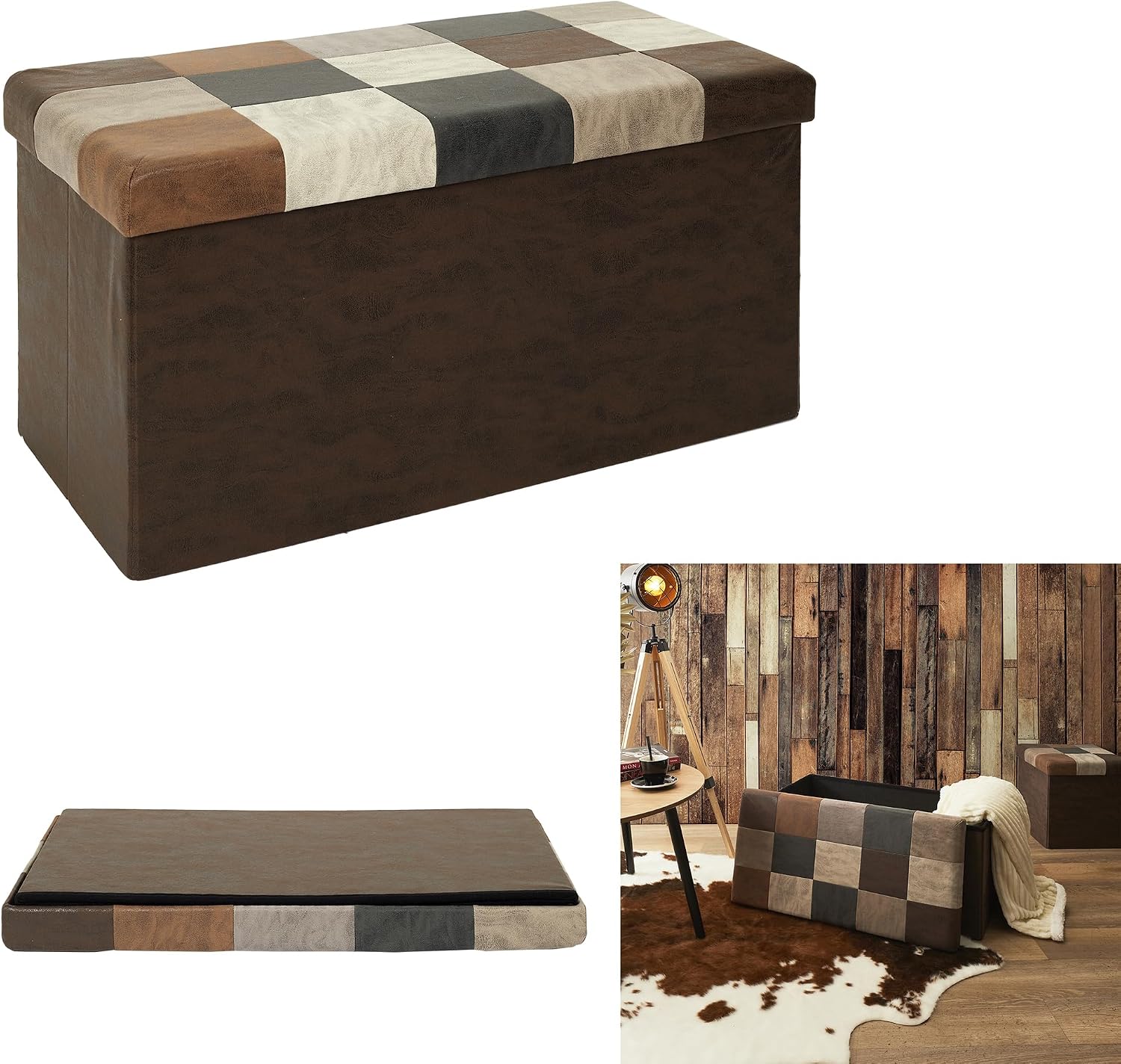 HOME DECO FACTORY, HD7666, Patchwork PU M2, Bistro Indus Furniture, Folding Chest and Bench, 76x38x38cm, Seat Height 38cm, Brown
