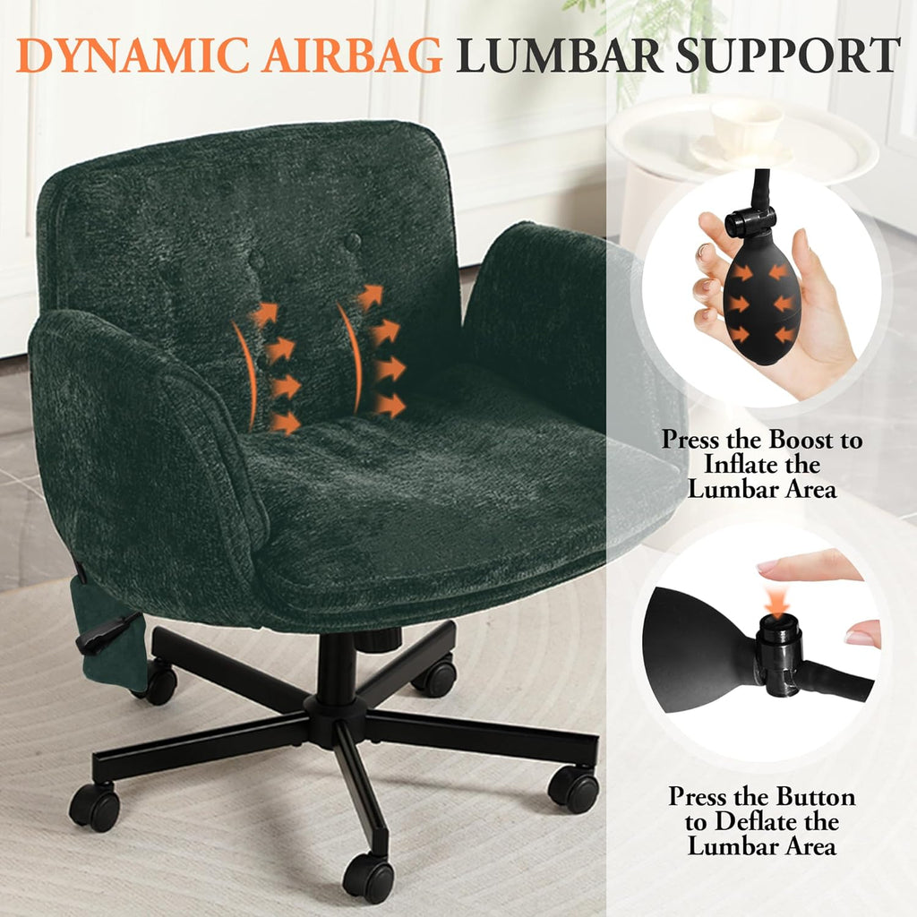 Criss Cross Chair with Lumbar Airbag & Folding Arms Relieve Back Pain, Wide Cross Legged Office Chair for Home Office, Comfy Swivel Desk Chair with Wheels, 5 Level Adjustable Armrest, Chenille(Green)