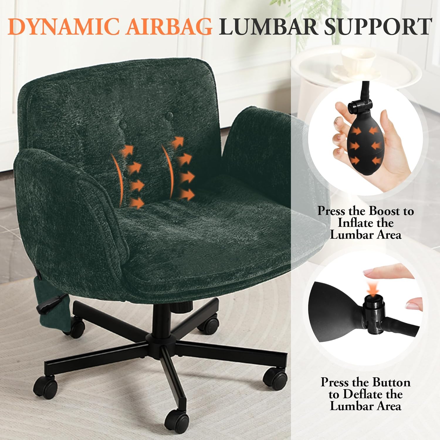 Criss Cross Chair with Lumbar Airbag & Folding Arms Relieve Back Pain, Wide Cross Legged Office Chair for Home Office, Comfy Swivel Desk Chair with Wheels, 5 Level Adjustable Armrest, Chenille(Green)
