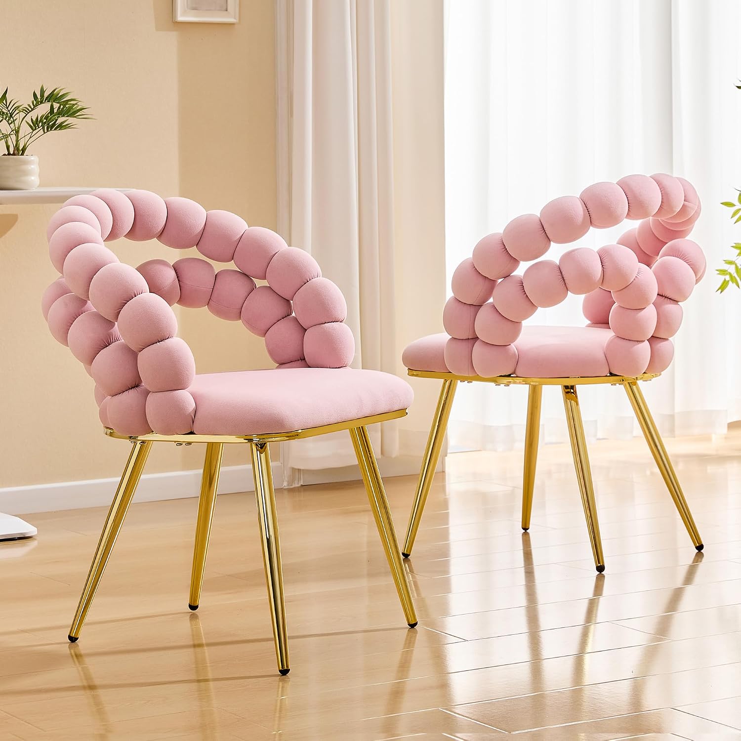 Montary Modern Pink Velvet Dining Chairs with Bubble Back, Set of 2 Accent Chair with Gold Metal Legs, Upholstered Vanity Chair for Dining Room, Living Room, Bedroom