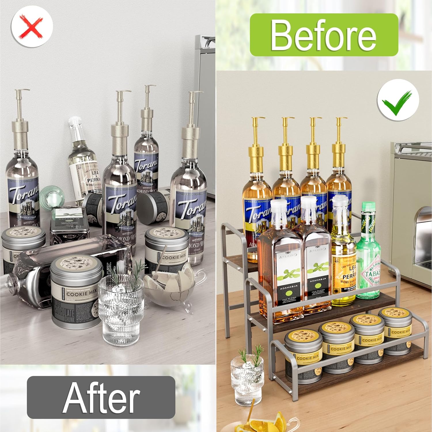 3-Tier Coffee Syrup Rack for Countertop, Large Capacity 12-Bottles Syrup Stand with Wood Shelf & Metal Frame for Coffee Bar, Premium Grey Coffee Organizer Station/Wine Rack for Kitchen Storage