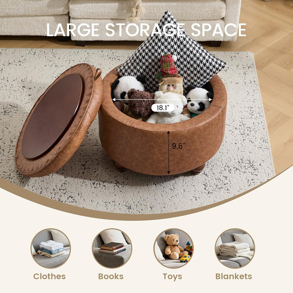 24Inch Round Storage Ottoman, Set of 2, Modern PU Leather Coffee Table with Removable Top, Upholstered Ottoman with Storage Footrest Stool for Living Room, Bedroom (Brown)