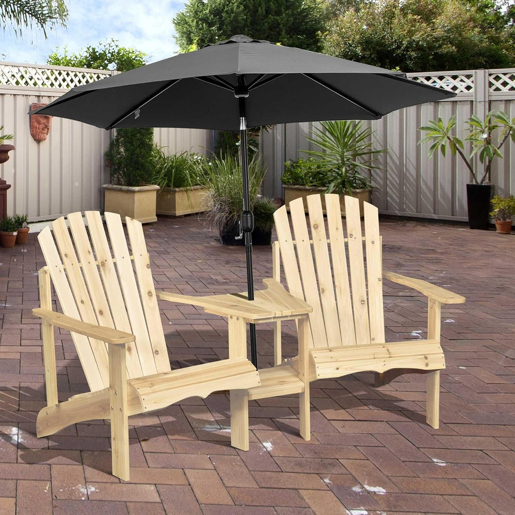 Comfortable 2-Unit Wooden Adirondack Chairs Set Featuring Center Table Umbrella Hole Natural Finish Durable Material Construction