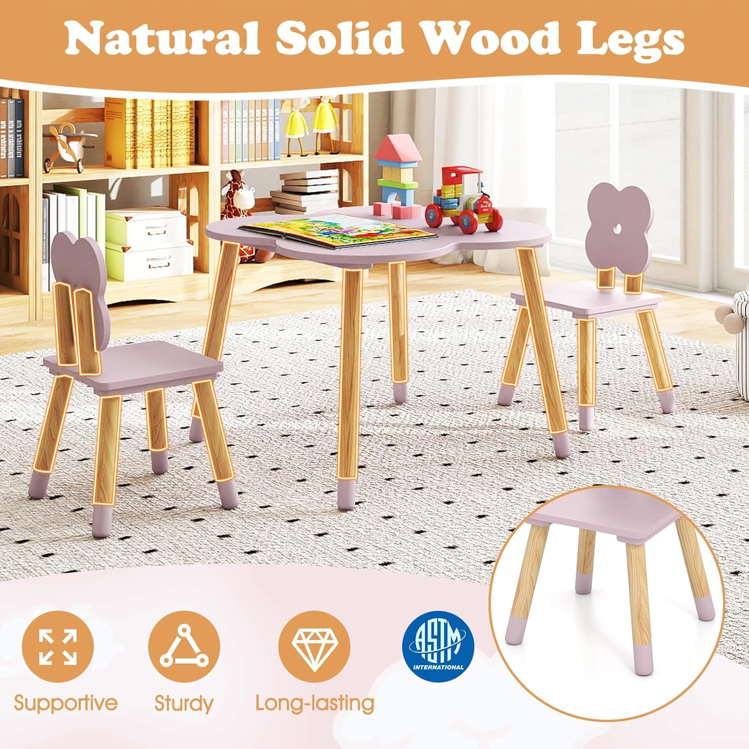 Costzon Kids Table and Chairs, Wooden Toddler Desk Set for Play, Art, Craft, Reading, Learning and Eating, Multi-Activity Table and Chairs for Classroom Daycare Home (Pink, Flower-Shaped)