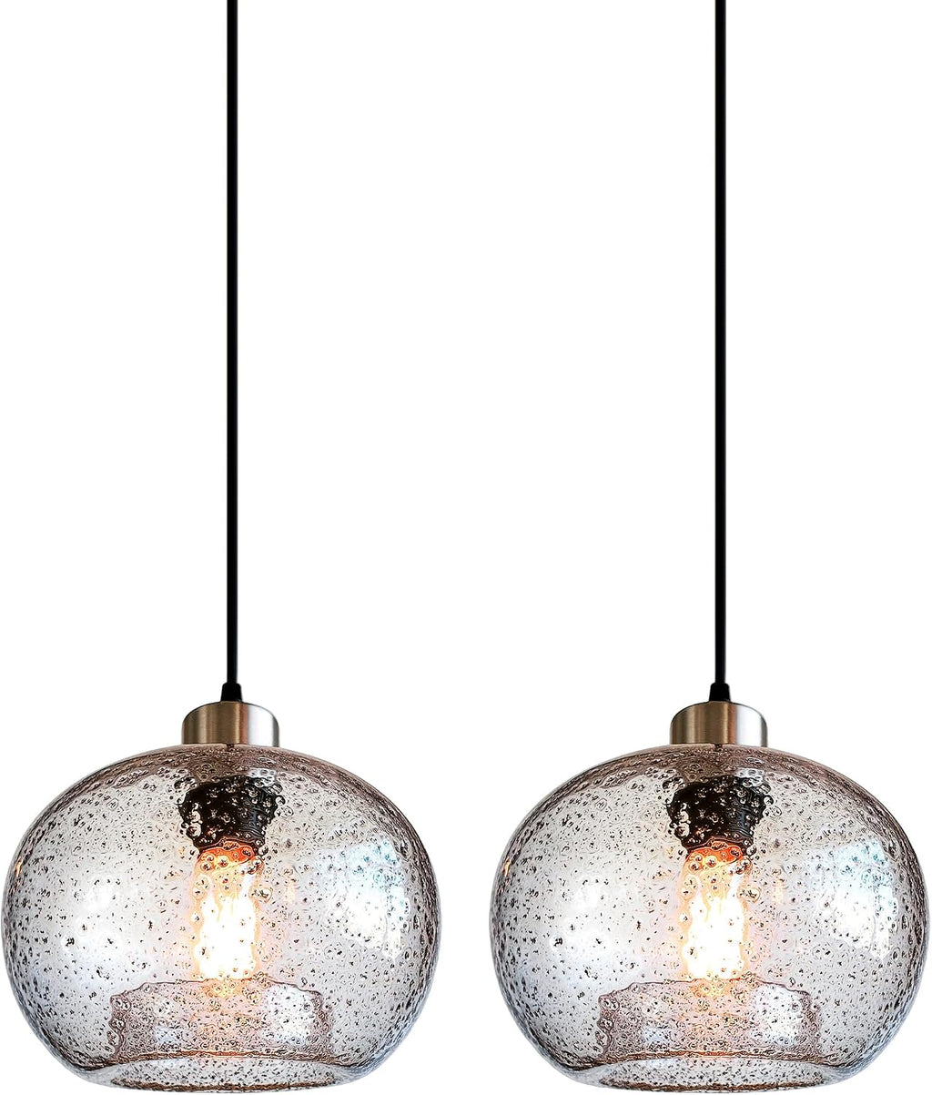 CASAMOTION Hand Blown Clear Glass Pendant Lights with Black Marble, Modern Rustic Kitchen Island Ceiling Hanging Light Fixtures for Dining Room Table Bedroom, Oval Globe 8.7 Inch Diameter, 2 Pack