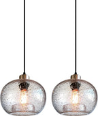 CASAMOTION Hand Blown Clear Glass Pendant Lights with Black Marble, Modern Rustic Kitchen Island Ceiling Hanging Light Fixtures for Dining Room Table Bedroom, Oval Globe 8.7 Inch Diameter, 2 Pack