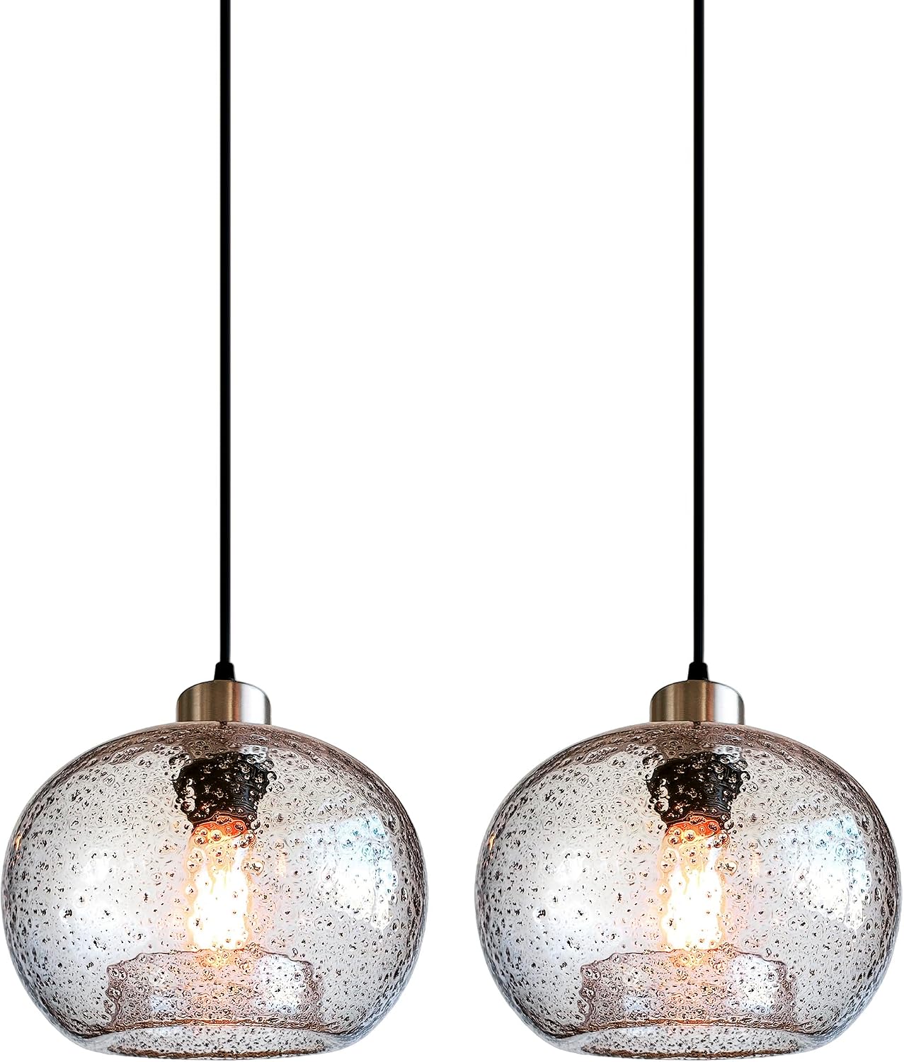 CASAMOTION Hand Blown Clear Glass Pendant Lights with Black Marble, Modern Rustic Kitchen Island Ceiling Hanging Light Fixtures for Dining Room Table Bedroom, Oval Globe 8.7 Inch Diameter, 2 Pack