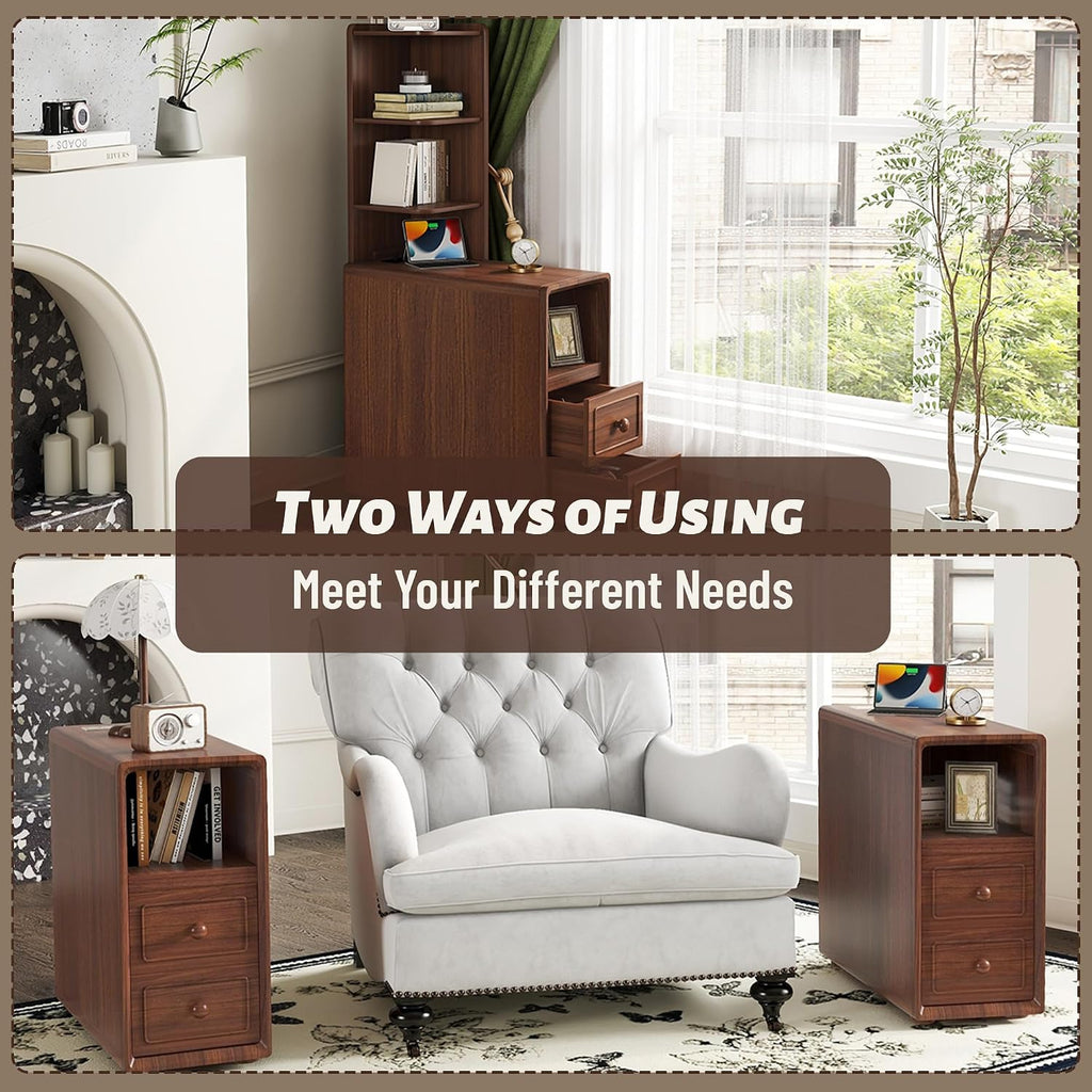 Tall Side Table Fully Assembled End Tables with Charging Station, 47 Inch High Nightstand Bed Side Table with Storage for Living Room & Bed Room, Just Need to Install Legs and Upper Shelves (Walnut)