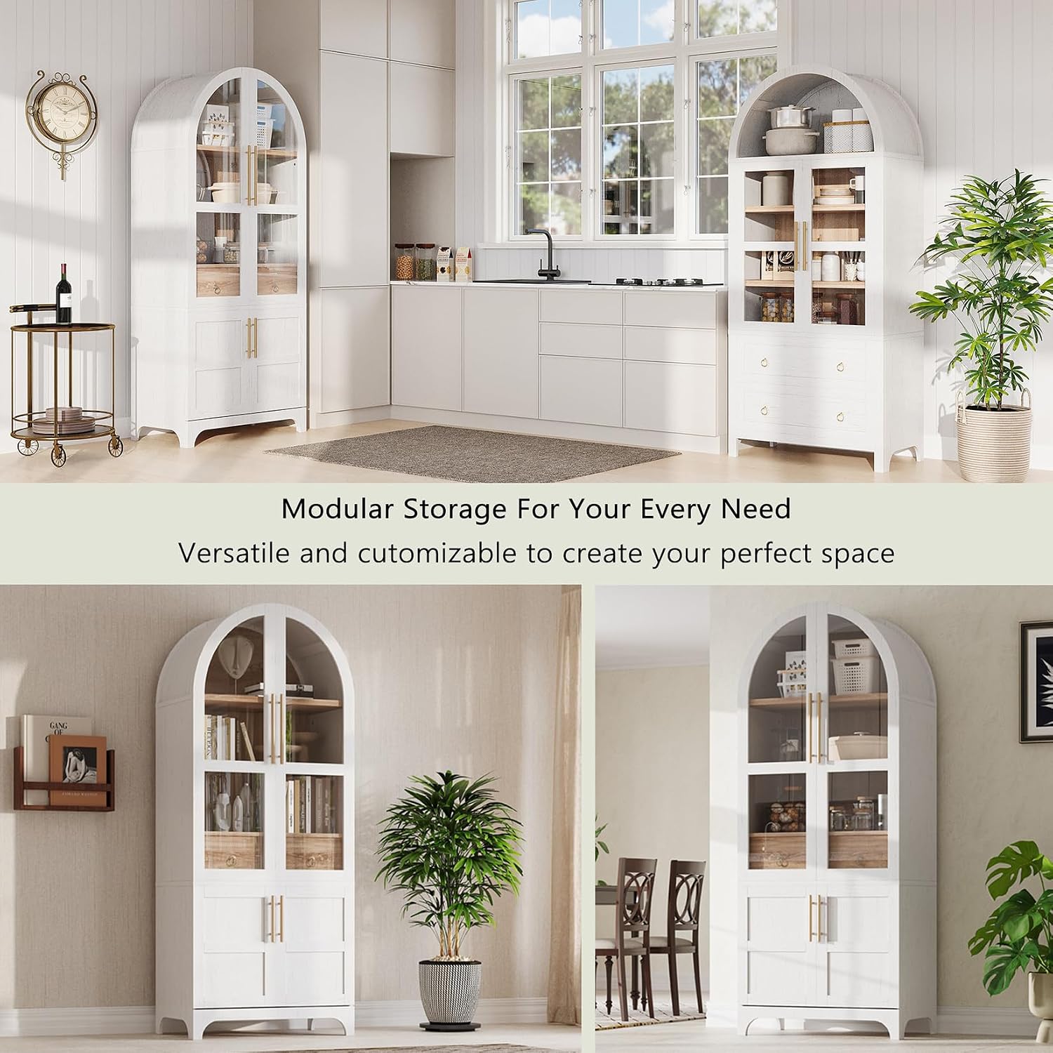71" Tall Arched Freestanding Cupboard with 4 Doors & Door Shelves, Farmhouse Kitchen Pantry Storage Cabinet with Adjustable Shelves, Hidden Drawer & Glass Door for Kitchen, Dining Room