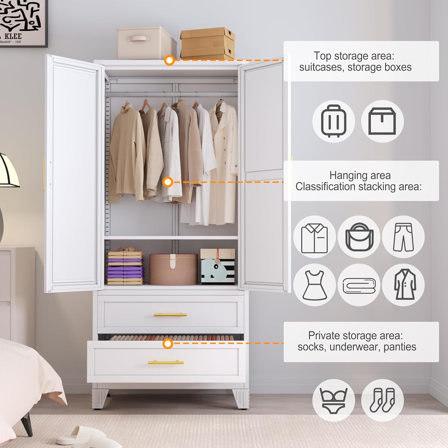 RIETERN Metal Armoire Wardrobe Closet, 71" Tall Bedroom Closet with Mirror | 2 Drawers, Adjustable Shelves, and Hanging Rod, Steel clothes closets and Storage, for Bedroom White