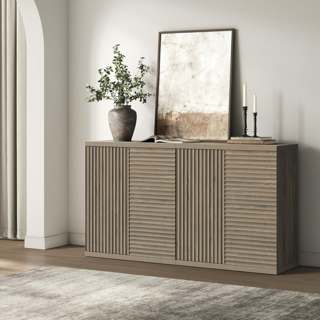 SICOTAS Buffet Cabinet with Storage Accent Sideboard Modern Credenza with Doors & Shelves Fluted Media Console Mid Century Coffee Bar Table for Living Room Kitchen Dining Room Hallway (3PCS)