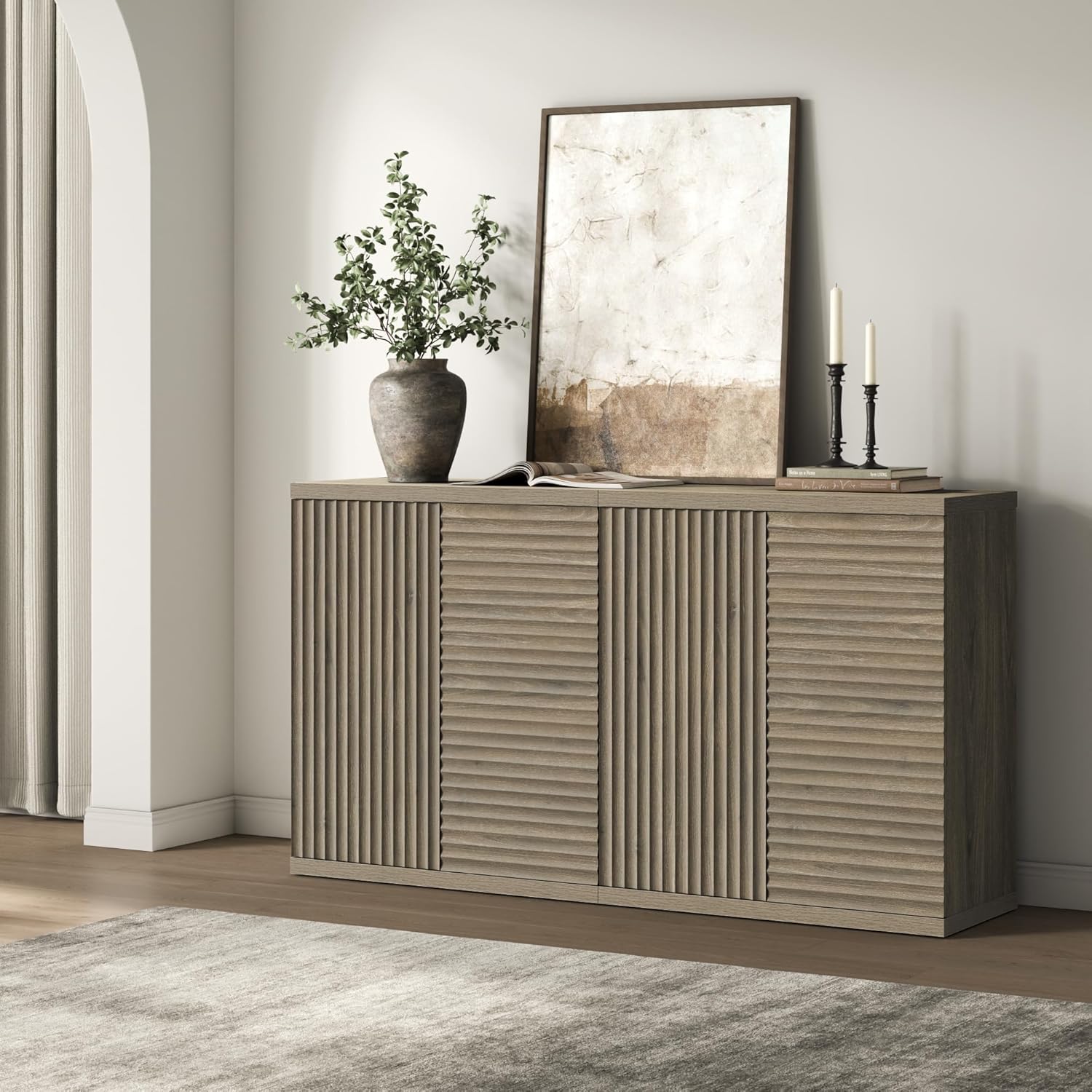 SICOTAS Buffet Cabinet with Storage Accent Sideboard Modern Credenza with Doors & Shelves Fluted Media Console Mid Century Coffee Bar Table for Living Room Kitchen Dining Room Hallway (3PCS)