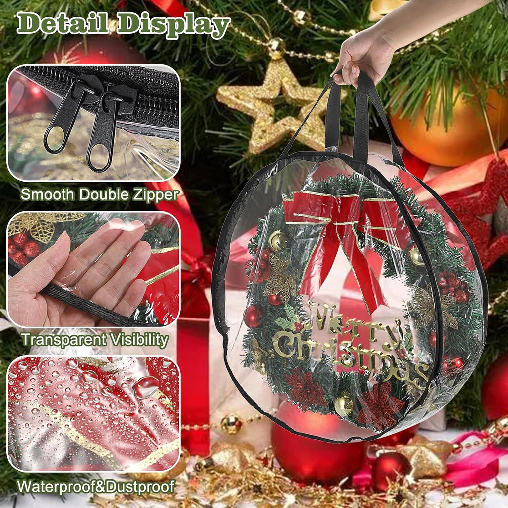 Kokone Wreath Storage Organizer for Door 3 Pack Clear Christamas Wreath Storage Bag or Container with Handle 36'' Dual Zippered Wreath Bag for Festival PVC Plastic Wreath Protector for Decoration