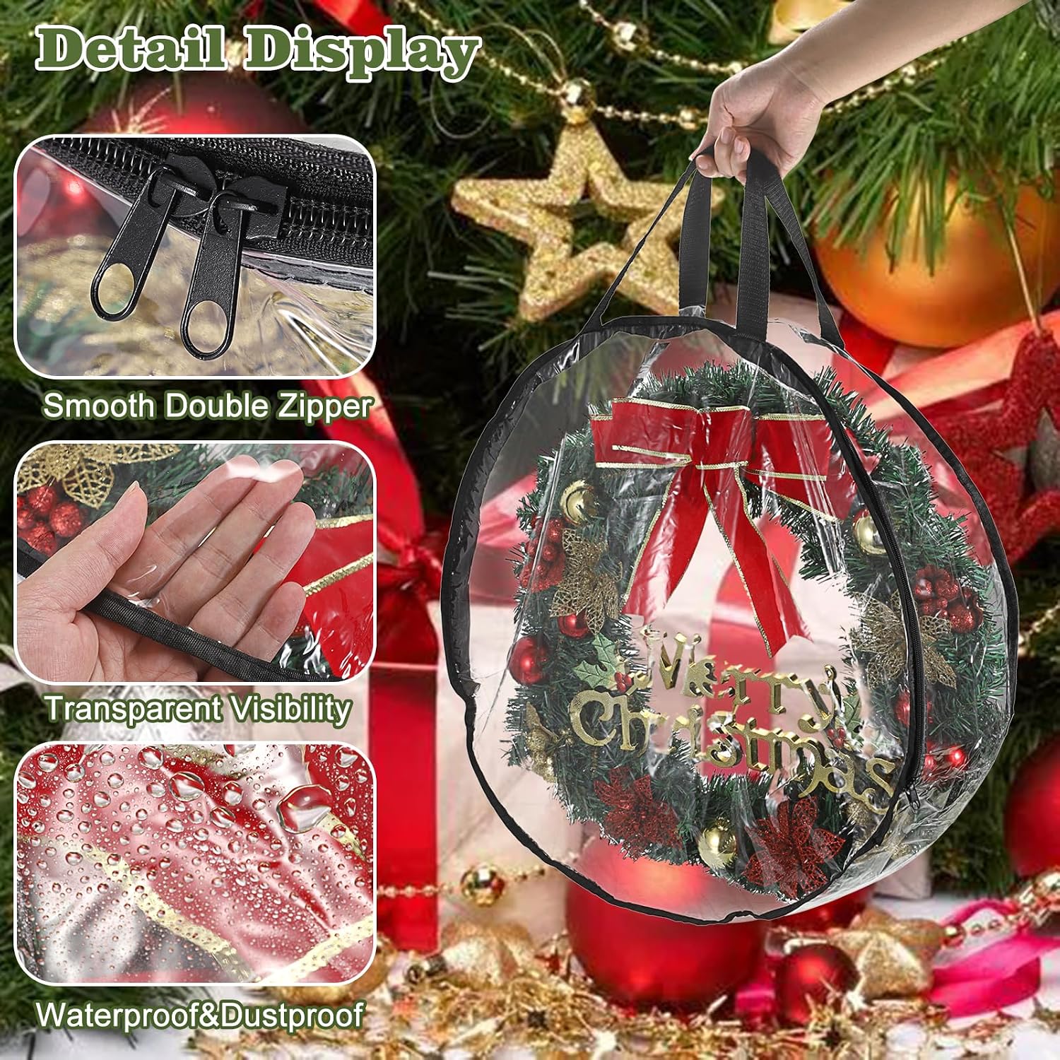Kokone Wreath Storage Organizer for Door 3 Pack Clear Christamas Wreath Storage Bag or Container with Handle 36'' Dual Zippered Wreath Bag for Festival PVC Plastic Wreath Protector for Decoration