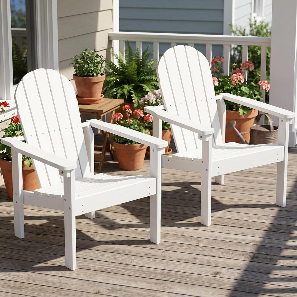 SERWALL Stackable Modern Adirondack Chairs Set of 2, HDPE Outdoor Patio Chairs with Space-Saving Design, All-Weather Fire Pit Chairs with Widened Seat for Deck, Backyard, Garden, Lawn (White)