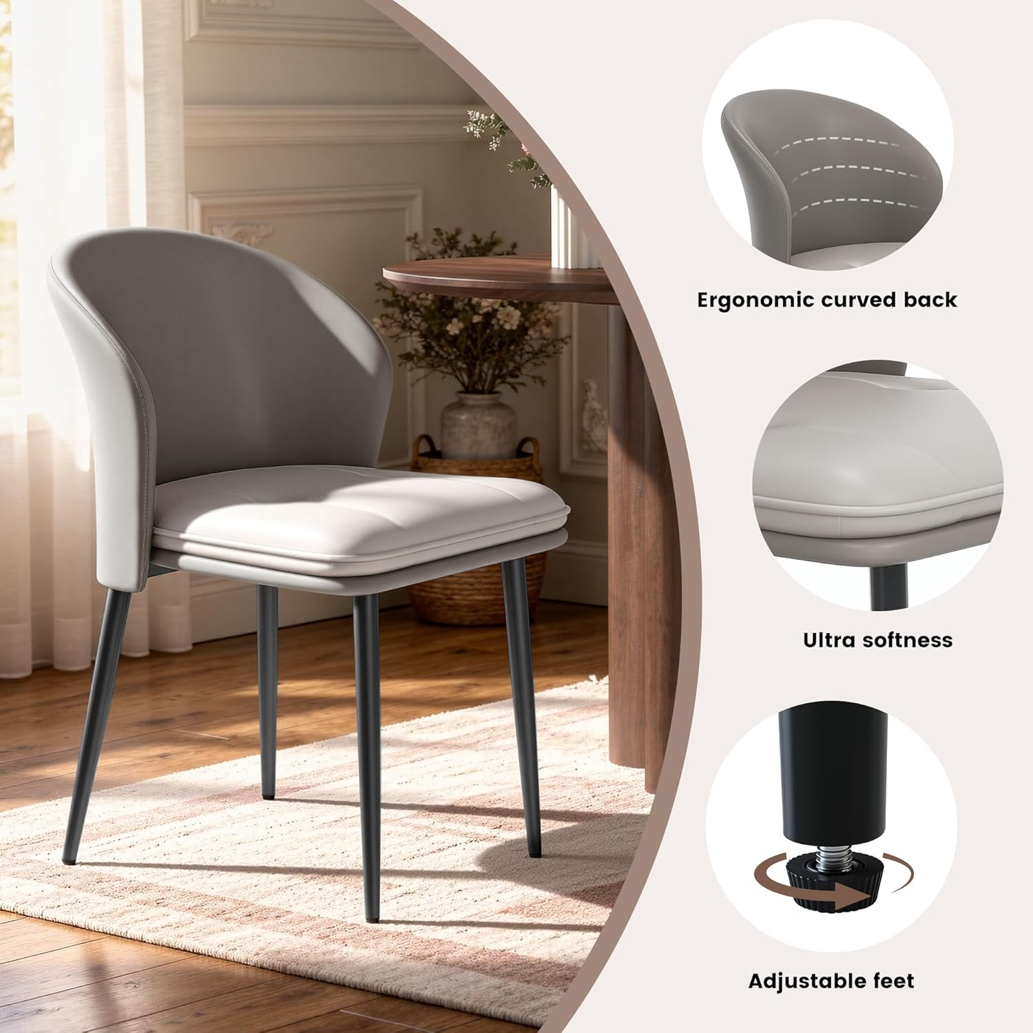Modern Dining Chairs Set of 4, Faux Leather Upholstered Accent Chair with Metal Legs, Kitchen Side Chair with Comfortable Seat for Dining Room, Living Room, Bedroom, Light Grey