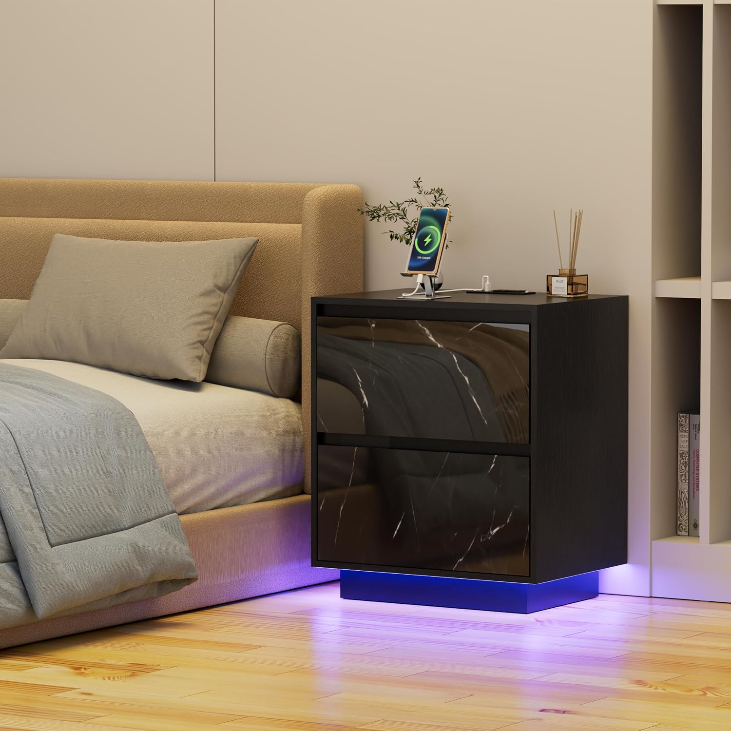 Anbuy LED Nightstand with 2 Drawers & Power Outlets, Nightstand Set of 2 with Lights, Bedside Table Modern End Table with Variable Color Lights for Bedroom, Living Room Black Marble