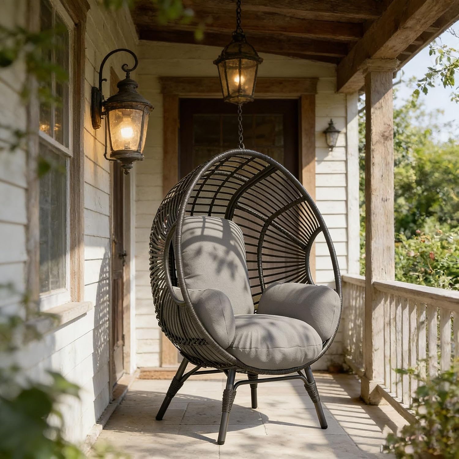 Wicker Egg Chair Outdoor Indoor, 8-Inch Plush Cushion, 400lbs Capacity, Removable Cover Balcony Chairs(Black+Gray)