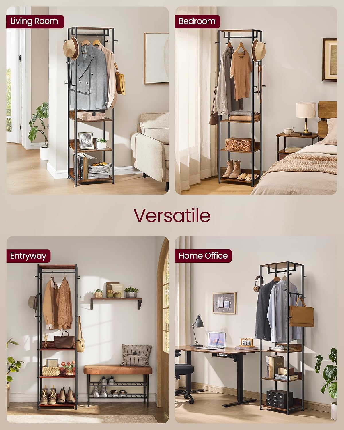 VASAGLE Coat Rack, Freestanding Hall Tree with Shelves, Hanging Rail, and Hooks, Space-Saving Coat Stand, Steel Frame, for Clothing, Bags, Hats, Ink Black and Rustic Brown URCR061BD04