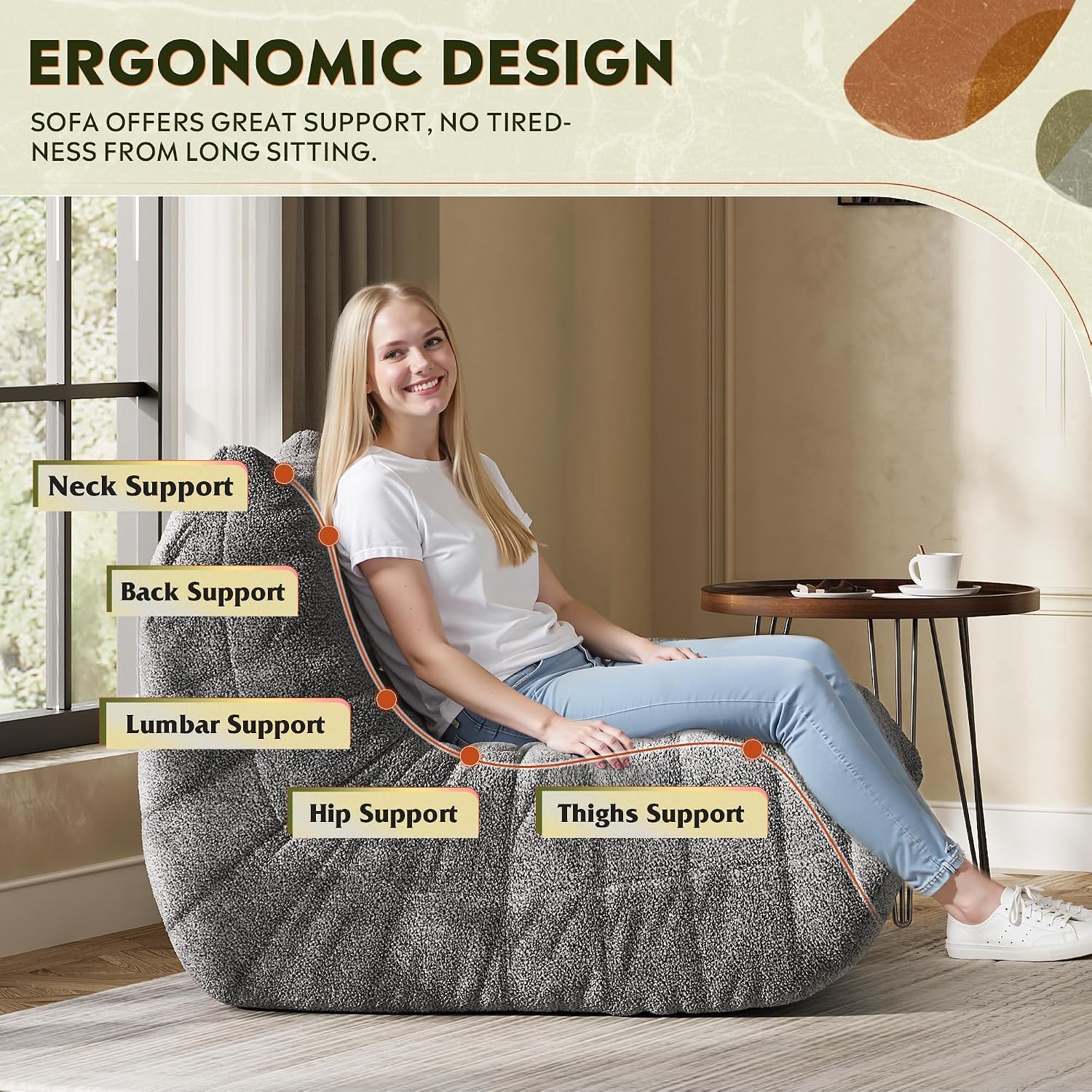 WLIVE Bean Bag Chair for Adults, Teddy Fleece Togo Chair, Giant, Memory Foam, for Living Room and Bedroom, Single, Grey