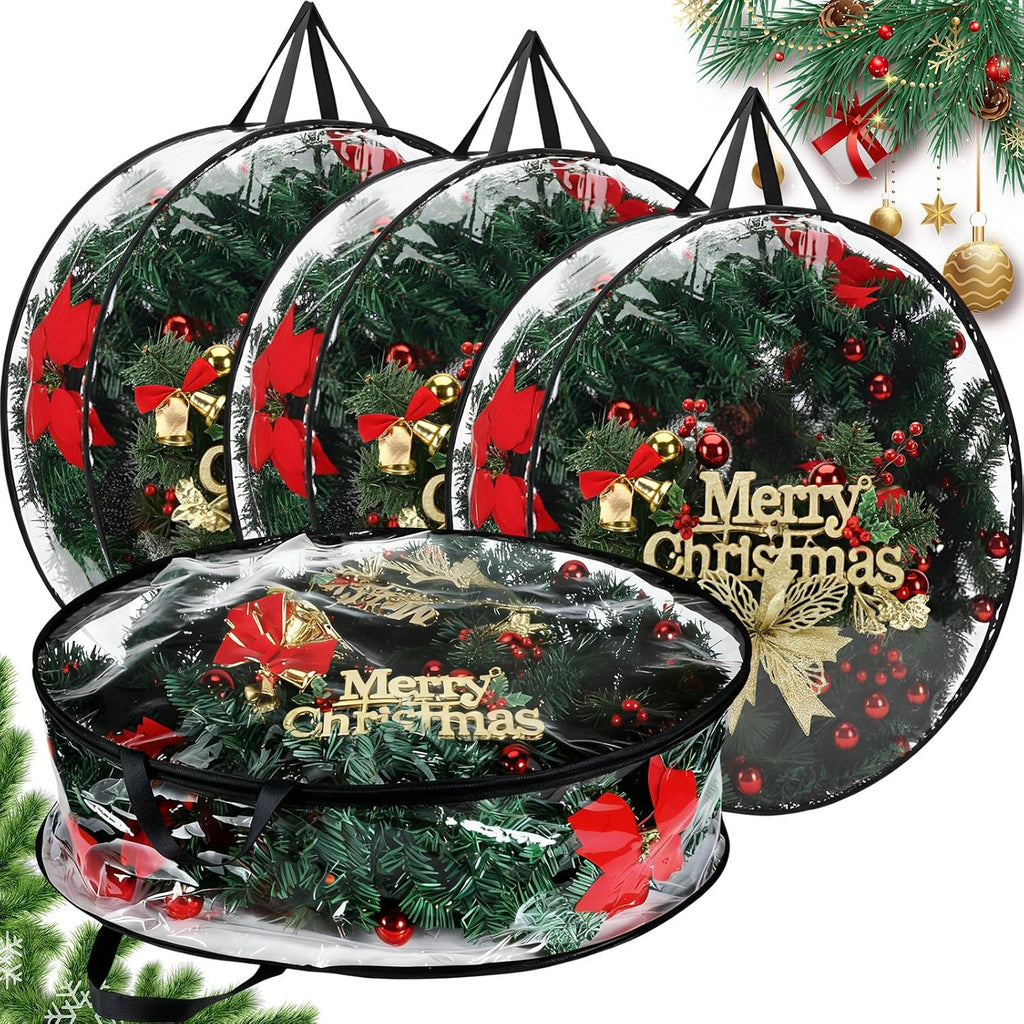 Zhengmy 4 Pack 30" 24" Wreath Storage Container Clear Christmas Wreath Storage Bags with Handle and Dual Zipper Plastic Decorative Garland Protector for Xmas Seasonal Holiday(Black)