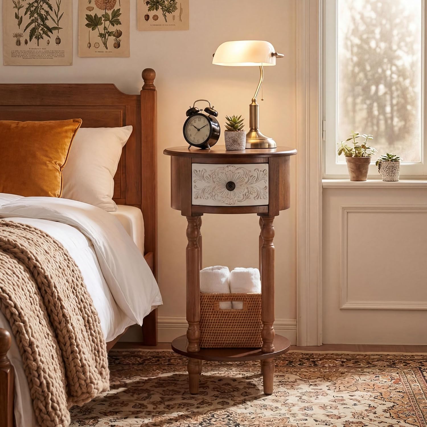 HOMPUS Wood End Table with Drawer, Round End Table with Open Shelf, Vintage Bedside Table with Plumbago Flower Pattern, Tall Wooden Nightstand, Decorative Side Table for Bedroom (Brown, 1 PC)