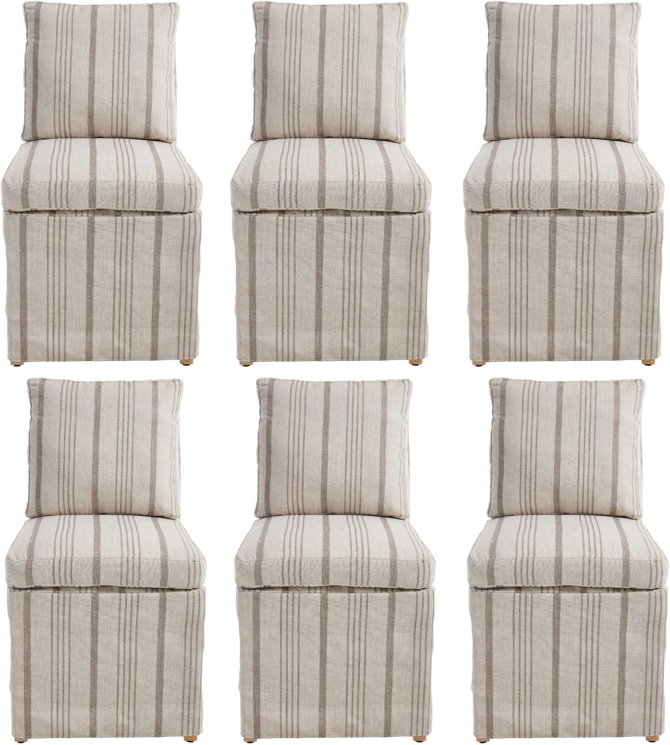 Upholstered Dining Chairs Set of 6 Slipcovered Armless Dining Chair with Solid Wood Legs, Soft Padded Upholstered Side Chair for Dining/Living/Readin Room, Banquet, Khaki Stripe