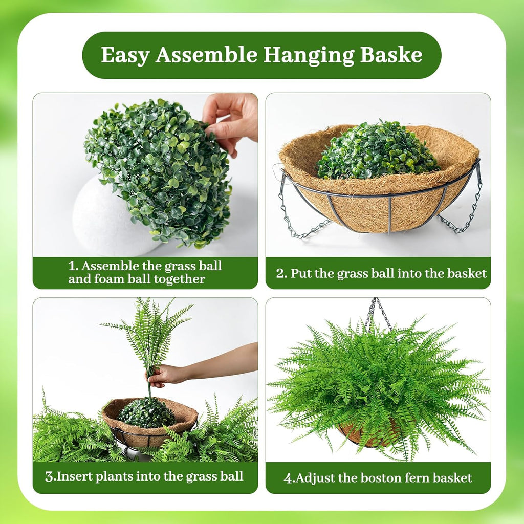 2 Set Artificial Ferns for Outdoors with Coconut Baskets, Fake Hanging Boston Ferns with 12" Coir Pot &Chain,UV Resistant Faux Hanging Persian Grass Baskets for Outdoor Porch Patio Decor